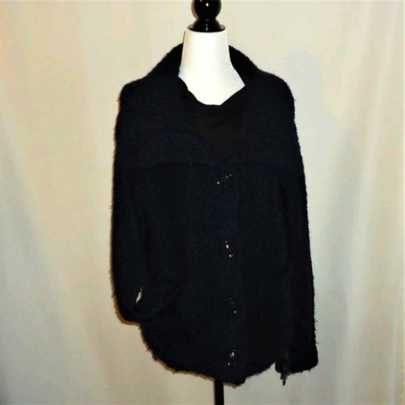 Chico's Wool Blend Navy Chunky Knit Sweater Big Button Up Jacket Size 2 (L) - Picture 2 of 6